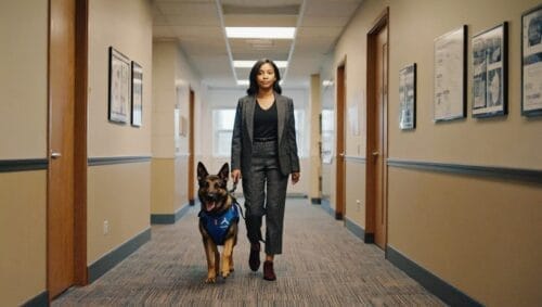 A service animal with their owner walking inside a rehab center with their owner