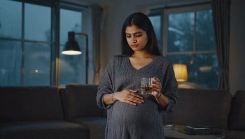 struggling with addiction pregnant woman holding a glass of whiskey in one hand and caressing her pregnant belly with the other hand