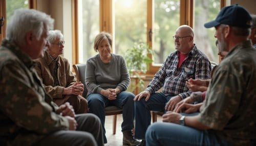 A diverse group of veterans participate in a peer support circle, creating a safe space for recovery discussions. The warm, naturally-lit room fosters openness and connection as participants share experiences and support one another's healing journeys