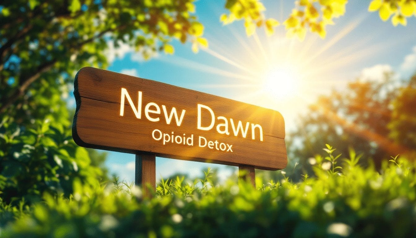New dawn Treatment Centers opioid detox sign in rays of sunshine