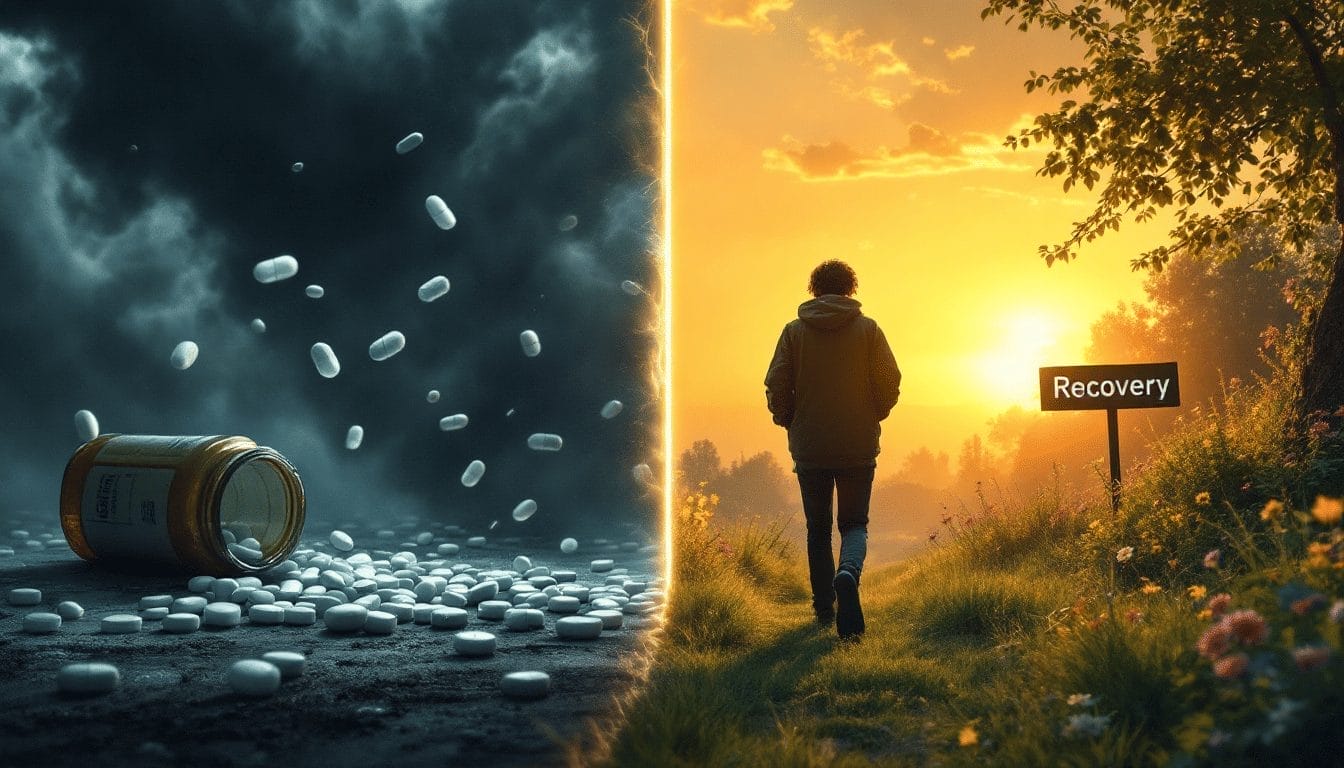 an empty prescription bottle, and a shadowy storm to symbolize both pain and addiction